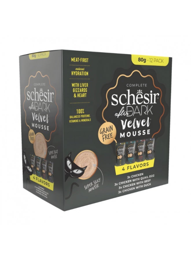 Schesir After Dark Velvet Mousse in Broth Wet Cat Food Variety Pack 960g (12x80g) | Grain Free High Protein Complete Adult Cat Meal with Organ Meat & Hydration Support - Image 1